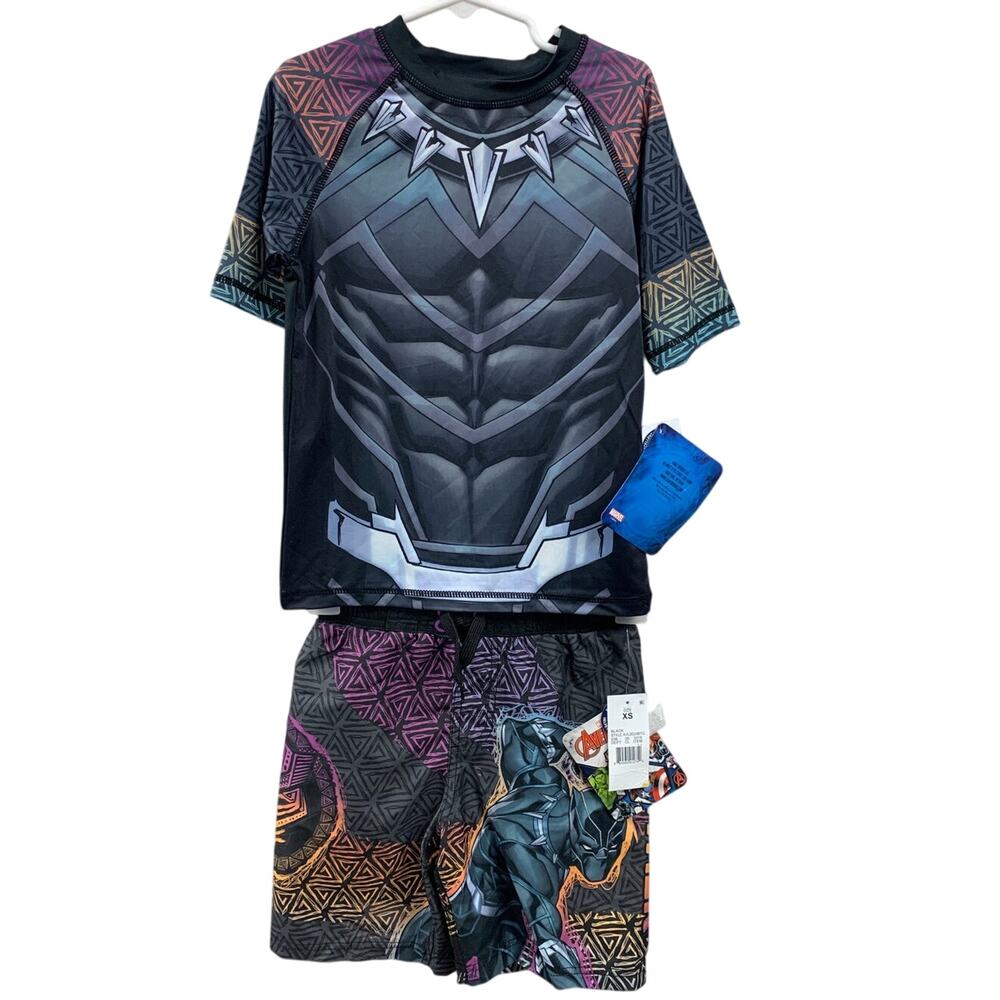New Marvel Avengers Black Panther Boys XS 2PC Swim Trunk Swimming Shirt Set